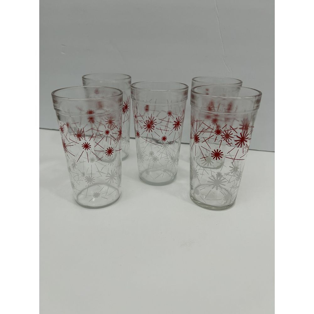 5‎ Vintage Hazel Atlas Red &White Atomic Starburst 5.5" Glass Tumblers SKU 1484